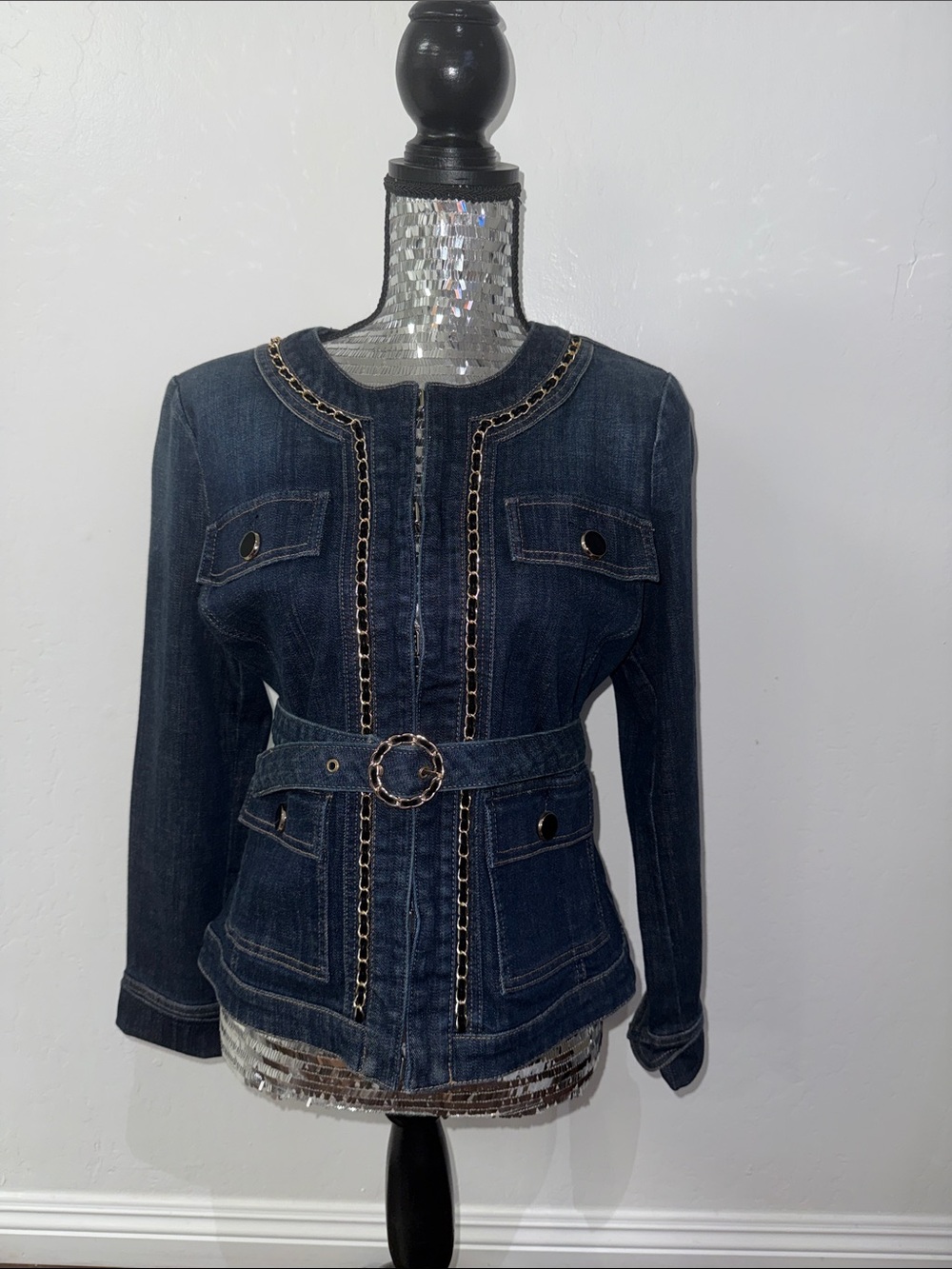 White House Black Market Dark Blue Denim Belted Jacket with Chain Trim